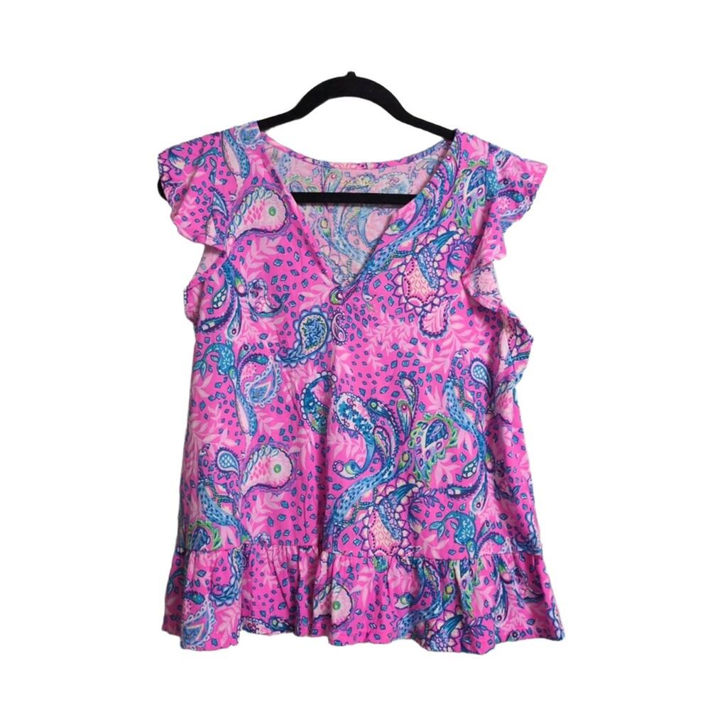 Lilly Pulitzer Lacie Top Plumeria Pink Strut Your Stuff Paisley V-Neck Ruffle S